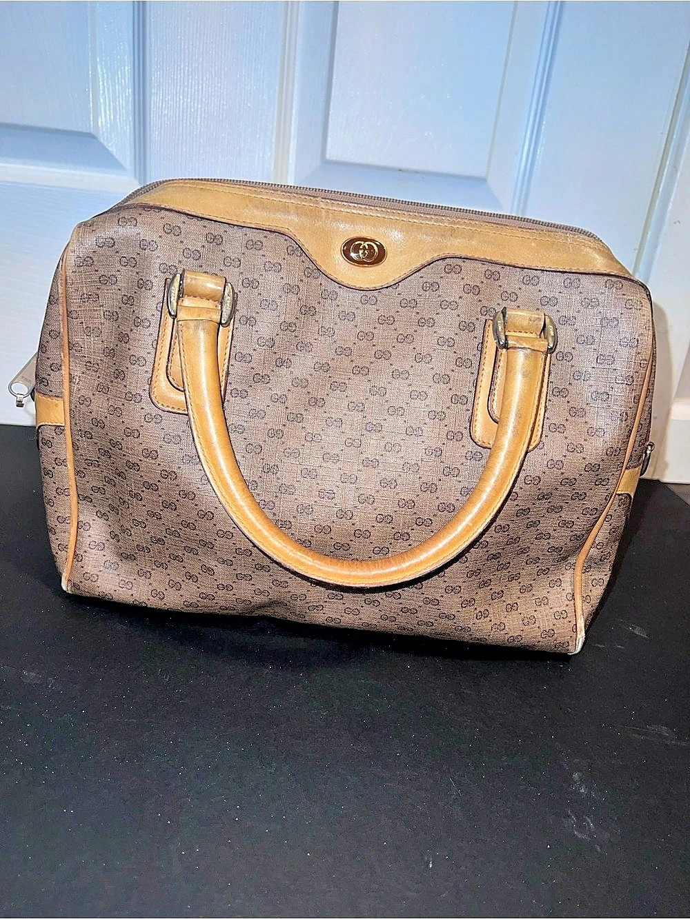 Gucci Vintage Micro GG Boston Bag Satchel Brown & Tan